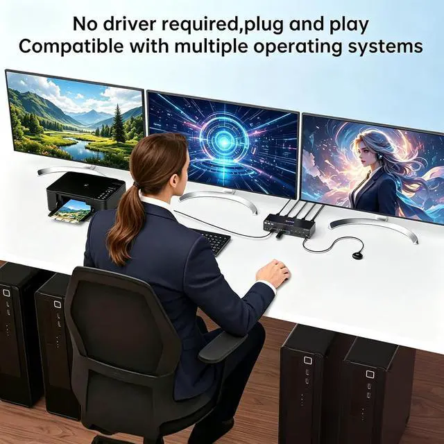 Alt view image 7 of 7 - Hitoor KVM Switch 3 Monitors 4 Computers 8K@60Hz, 1 HDMI + 2 Displayport Triple Monitor KVM Switch, 3 Monitor KVM with 4 USB 3.0 Ports for Keyboard Mouse, Wired Remote and 4 USB 3.0 Cables Included