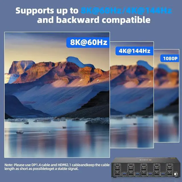 Alt view image 5 of 7 - Hitoor KVM Switch 3 Monitors 4 Computers 8K@60Hz, 1 HDMI + 2 Displayport Triple Monitor KVM Switch, 3 Monitor KVM with 4 USB 3.0 Ports for Keyboard Mouse, Wired Remote and 4 USB 3.0 Cables Included