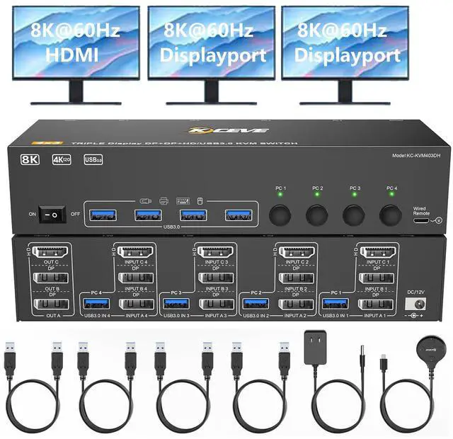 Main image of Hitoor KVM Switch 3 Monitors 4 Computers 8K@60Hz, 1 HDMI + 2 Displayport Triple Monitor KVM Switch, 3 Monitor KVM with 4 USB 3.0 Ports for Keyboard Mouse, Wired Remote and 4 USB 3.0 Cables Included