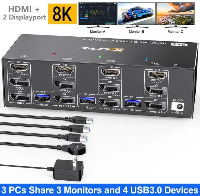 Main image of Hitoor 2 Displayport + HDMI USB 3.0 KVM Switch 3 Monitors 3 Computers, 8K@60Hz,4K@144Hz Triple Monitor KVM Switches with 4 USB 3.0 Ports, KVM Triple Monitor Keyboard Mouse Switcher, with Wired Remote