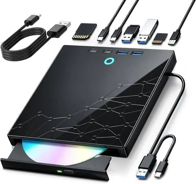 Main image of Hitoor External CD/DVD Drive for Laptop, USB 3.0 Type C External DVD Burner CD Reader for Laptop, 8 in 1 Portable CD DVD Player with SD/TF Ports, External Optical Drive for Windows 11 10 Linux MacOS
