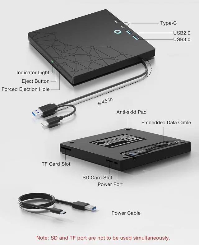 Alt view image 5 of 7 - Hitoor External CD/DVD Drive for Laptop, USB 3.0 Type C External DVD Burner CD Reader for Laptop, 8 in 1 Portable CD DVD Player with SD/TF Ports, External Optical Drive for Windows 11 10 Linux MacOS