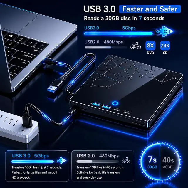 Alt view image 3 of 7 - Hitoor External CD/DVD Drive for Laptop, USB 3.0 Type C External DVD Burner CD Reader for Laptop, 8 in 1 Portable CD DVD Player with SD/TF Ports, External Optical Drive for Windows 11 10 Linux MacOS