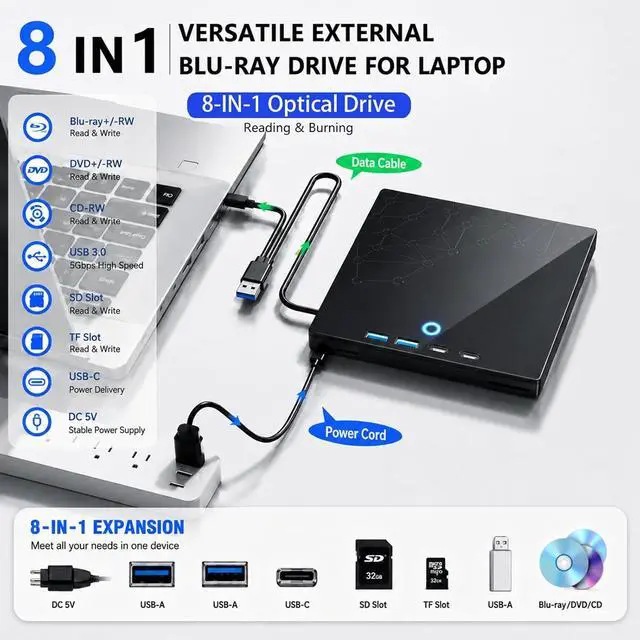 Alt view image 2 of 7 - Hitoor External CD/DVD Drive for Laptop, USB 3.0 Type C External DVD Burner CD Reader for Laptop, 8 in 1 Portable CD DVD Player with SD/TF Ports, External Optical Drive for Windows 11 10 Linux MacOS