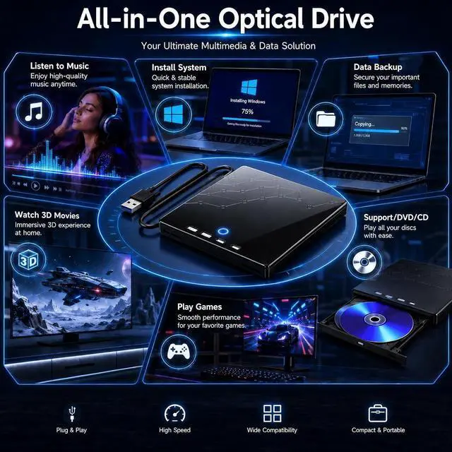 Alt view image 6 of 7 - Hitoor External CD/DVD Drive for Laptop, USB 3.0 Type C External DVD Burner CD Reader for Laptop, 8 in 1 Portable CD DVD Player with SD/TF Ports, External Optical Drive for Windows 11 10 Linux MacOS