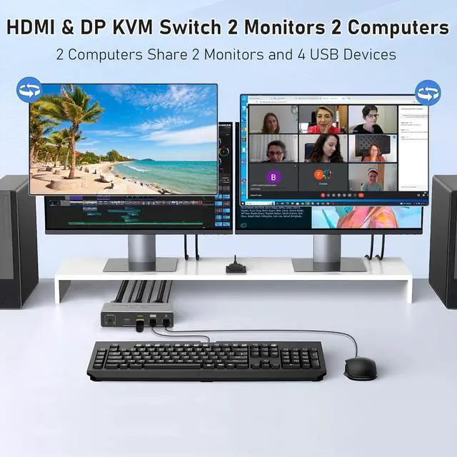 Alt view image 2 of 7 - Hitoor HDMI + Displayport KVM Switch 2 Monitors 2 Computers, 8K@60Hz Dual Monitor KVM Switches with 4 USB3.0 Ports for Sharing Keyboard Mouse Hard Drives with 2 USB Cables, Controller & Power Adapter