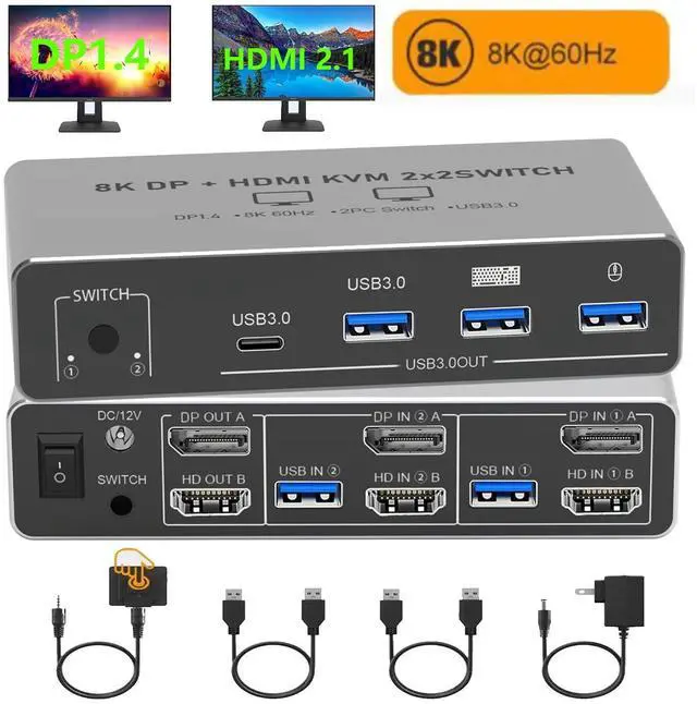 Main image of Hitoor HDMI + Displayport KVM Switch 2 Monitors 2 Computers, 8K@60Hz Dual Monitor KVM Switches with 4 USB3.0 Ports for Sharing Keyboard Mouse Hard Drives with 2 USB Cables, Controller & Power Adapter