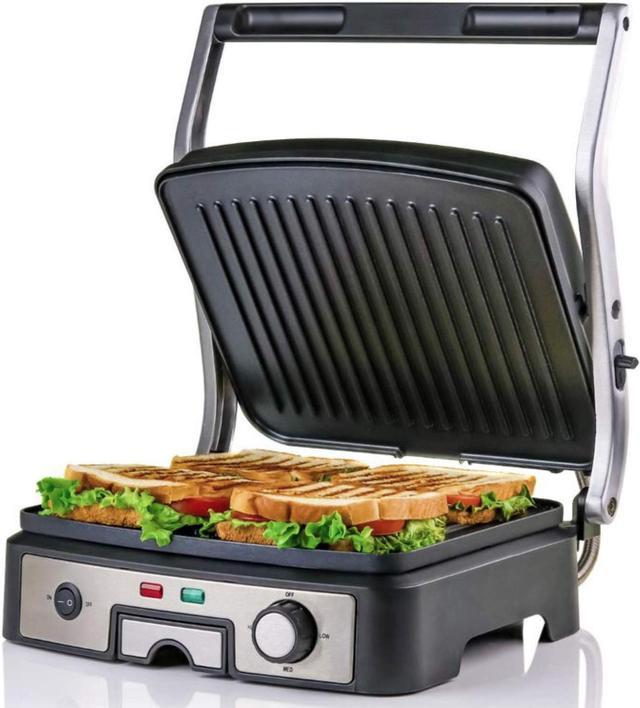 Ovente Electric Panini Press Grill Bread Toaster Nonstick Double Sided Flat  Plates with 3 Temperature Setting & Removable Drip Tray, 4 Slice Sandwich  Maker for Burger & Grilled Cheese, Silver GP1861BR 