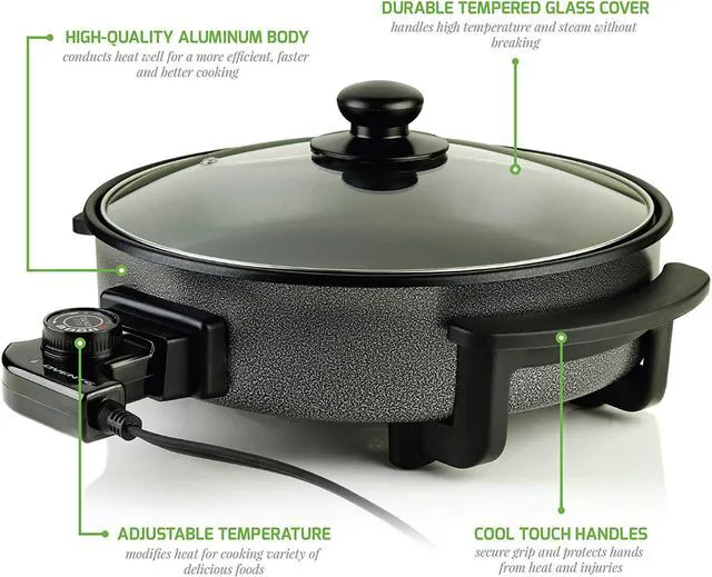 Alt view image 3 of 8 - Ovente 12 Inch Electric Kitchen Skillet with Nonstick Aluminum Coated Grill Pan & Glass Lid Cover, Indoor Countertop Cooking Pan with Temperature Control & Handle Compact Easy Clean, Black SK11112B