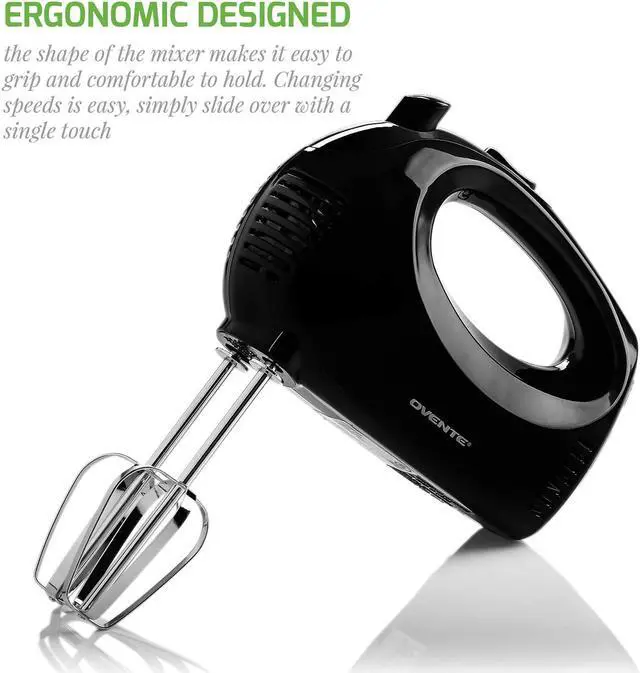 Alt view image 3 of 7 - Ovente Portable 5 Speed Mixing Electric Hand Mixer with Stainless Steel Whisk Beater Attachments & Snap Storage Case, Compact Lightweight 150 Watt Powerful Blender for Baking & Cooking, Black HM151B