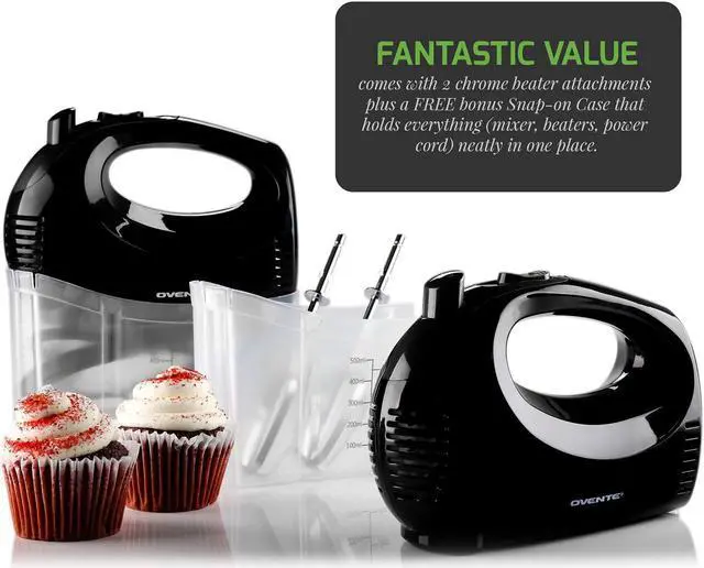 Alt view image 5 of 7 - Ovente Portable 5 Speed Mixing Electric Hand Mixer with Stainless Steel Whisk Beater Attachments & Snap Storage Case, Compact Lightweight 150 Watt Powerful Blender for Baking & Cooking, Black HM151B