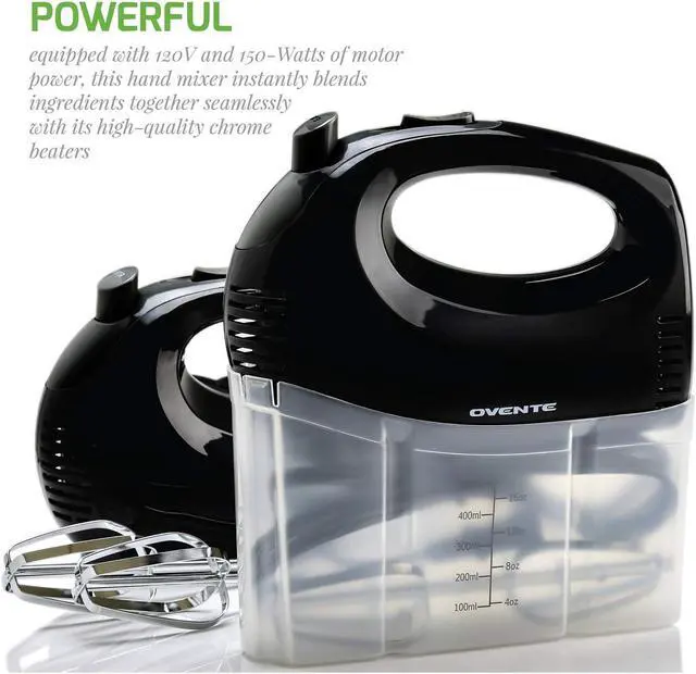 Alt view image 4 of 7 - Ovente Portable 5 Speed Mixing Electric Hand Mixer with Stainless Steel Whisk Beater Attachments & Snap Storage Case, Compact Lightweight 150 Watt Powerful Blender for Baking & Cooking, Black HM151B