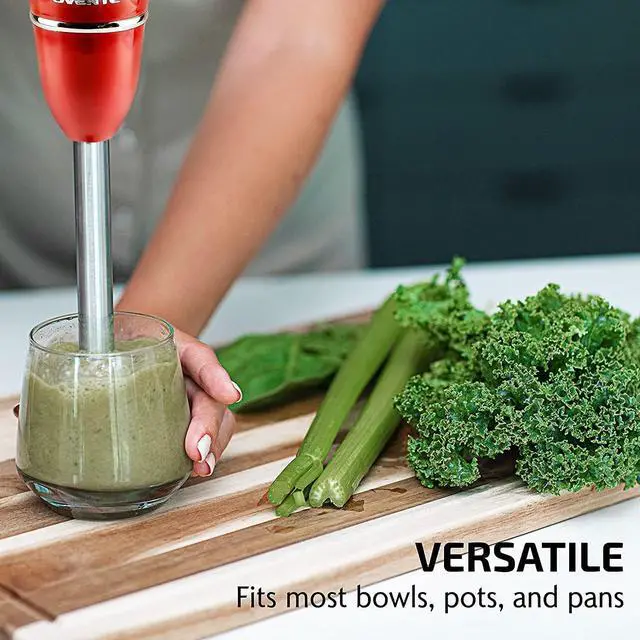 Alt view image 3 of 7 - Ovente Electric Immersion Hand Blender 300 Watt 2 Mixing Speed with Stainless Steel Blades, Powerful Portable Easy Control Grip Stick Mixer Perfect for Smoothies, Puree Baby Food & Soup, Red HS560R