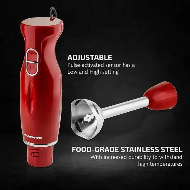 Alt view image 5 of 7 - Ovente Electric Immersion Hand Blender 300 Watt 2 Mixing Speed with Stainless Steel Blades, Powerful Portable Easy Control Grip Stick Mixer Perfect for Smoothies, Puree Baby Food & Soup, Red HS560R