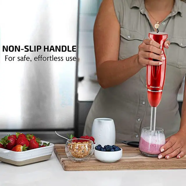 Alt view image 4 of 7 - Ovente Electric Immersion Hand Blender 300 Watt 2 Mixing Speed with Stainless Steel Blades, Powerful Portable Easy Control Grip Stick Mixer Perfect for Smoothies, Puree Baby Food & Soup, Red HS560R
