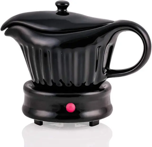 Main image of Ovente Electric Gravy Boat Warmer with 13.5 Oz Serving Ceramic Pot & Lid Cover, Sauce Boat Warmer with Easy-Pour Spout & Indicator Light Perfect for Warming up Sauce, Butter and Cream, Black FW024589