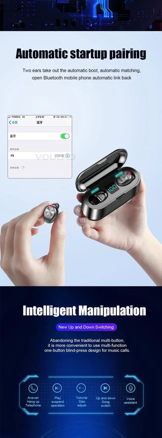 Alt view image 6 of 6 - SIROKA-IPX6 waterproof portable mini earbuds stereo surround Hi-Fi wireless earbuds LED digital power display bluetooth headset in-ear wireless earphone
