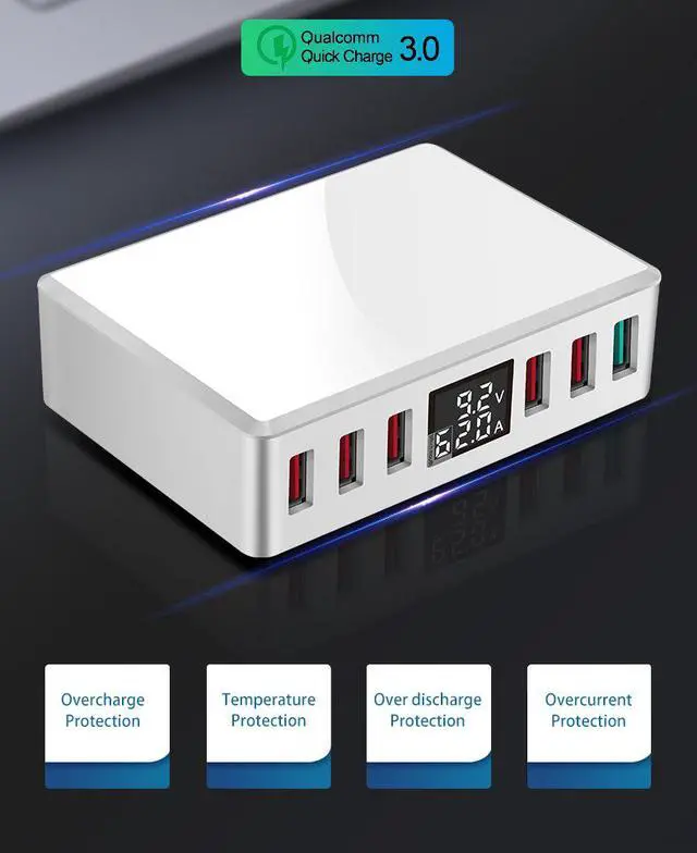 Main image of MULTI QC3.0 Fast USB Charger,SIROKA QC3.0 USB Port 6-Port Intelligent USB desktop charger station hub with LED Display,compatible with IOS&Android Devices,White