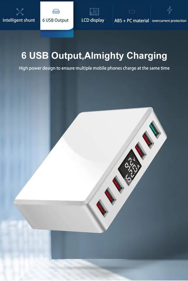 Alt view image 3 of 7 - MULTI QC3.0 Fast USB Charger,SIROKA QC3.0 USB Port 6-Port Intelligent USB desktop charger station hub with LED Display,compatible with IOS&Android Devices,White