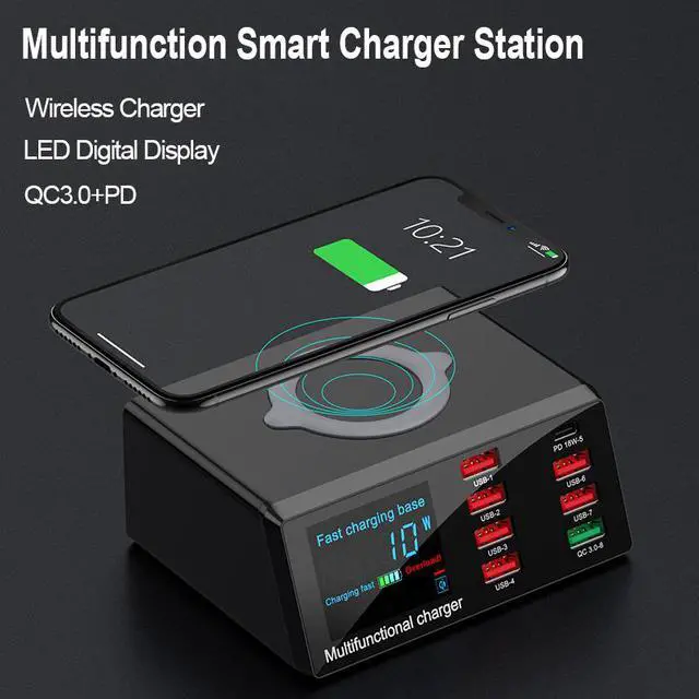 Alt view image 4 of 6 - 9 in 1 Smart chip Wireless charger station Wired USB QC3.0+PD 100W Fast Charger Station dock with LED Display desktop
