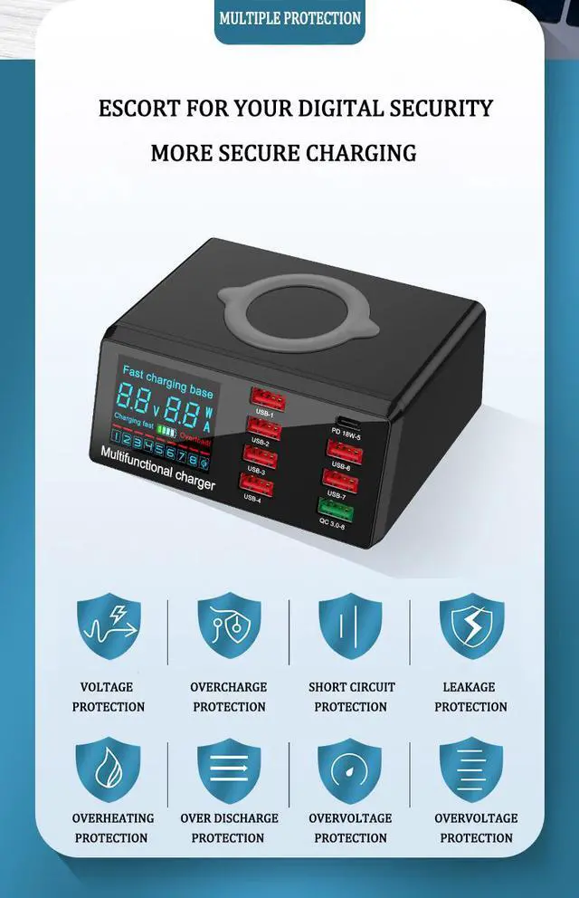 Alt view image 5 of 6 - 9 in 1 Smart chip Wireless charger station Wired USB QC3.0+PD 100W Fast Charger Station dock with LED Display desktop