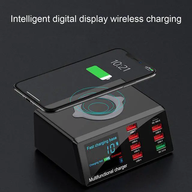 Main image of 9 in 1 Smart chip Wireless charger station Wired USB QC3.0+PD 100W Fast Charger Station dock with LED Display desktop
