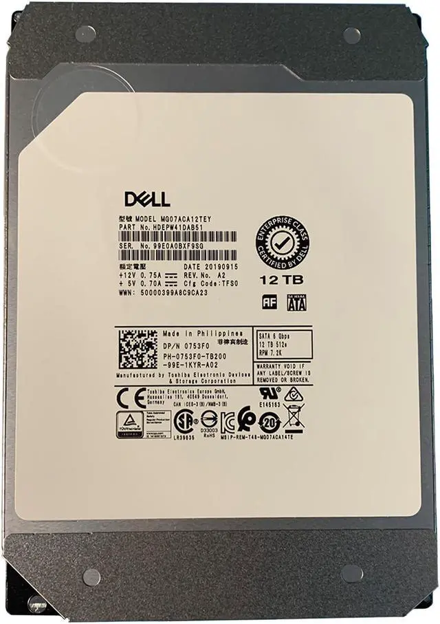 Main image of Dell 753F0 12TB SATA 6GBPS 512e 3.5" Drive MG07ACA12TEY HDEPW41DAB51