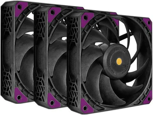Main image of Super Flower MEGACOOL 140mm fan, Triple-Pack, 12-pole motor, PWM, Purple Anti-Vibration Mounting Pads, Computer Case Fan, Remote Control, SF-PF141-BK_3P, 30mm depth