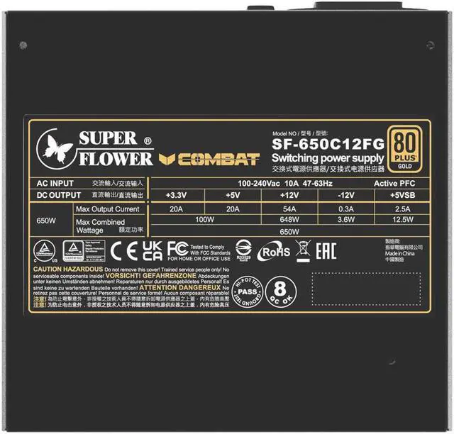Alt view image 6 of 6 - Super Flower Combat FG 650W 80+ Gold, Full Modular, ATX 3.1 / PCIe 5.0, W/12V-2x6 Cable (2x8pin - 16pin native cables) , Power Supply, FDB Fan, SF-650C12FG, Black version