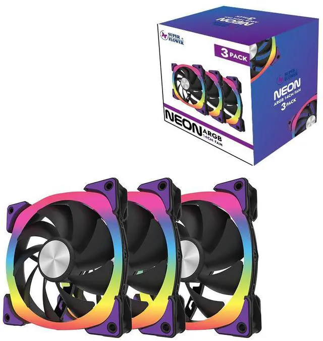 Main image of Super Flower NEON ARGB 140mm fan, Triple-Pack, Purple Anti-Vibration Mounting Pads, Computer Case Fan, Remote Control, SF-ARGB141-BK_3P