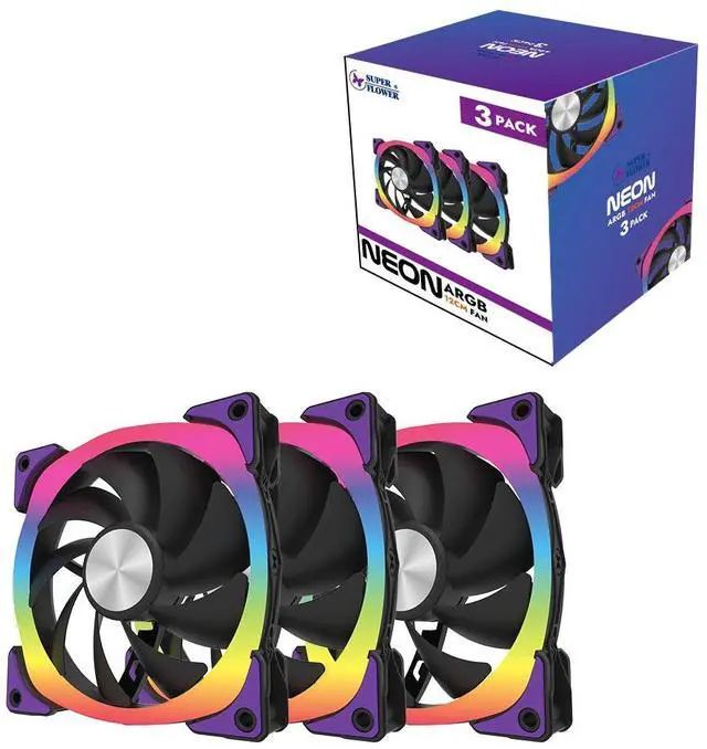 Main image of Super Flower NEON ARGB 120mm fan, Triple-Pack, Purple Anti-Vibration Mounting Pads, Computer Case Fan, Remote Control, SF-ARGB121-BK_3P