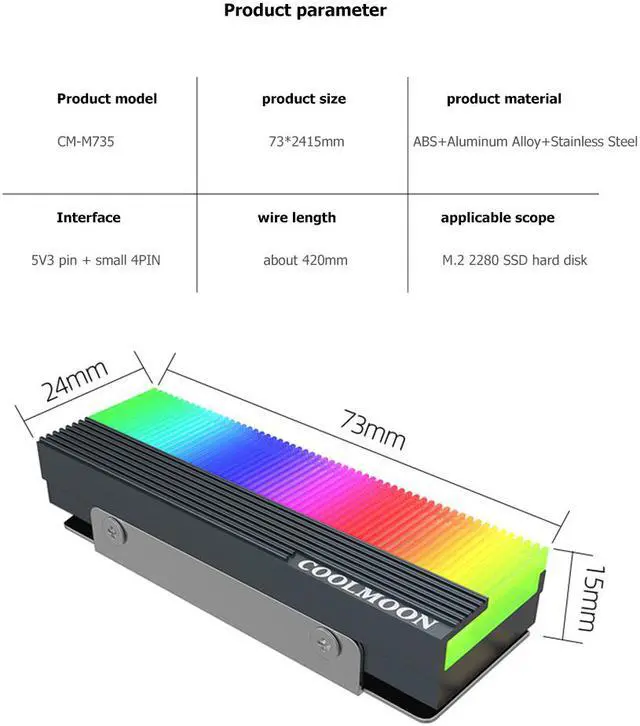 Alt view image 3 of 7 - CoolMoon M.2 SSD 2280 ARGB Heasink, M.2 Solid State Drive RGB Radiator, Hard Drive Cooling Vest, 5V M/B SYNC