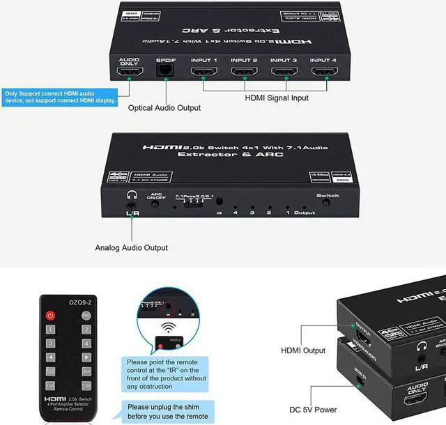 Alt view image 4 of 5 - 4 in 1 out HDMI2.0 Audio Video Switch with 7.1CH ATMOS Audio 4K 60Hz with Remote Controller