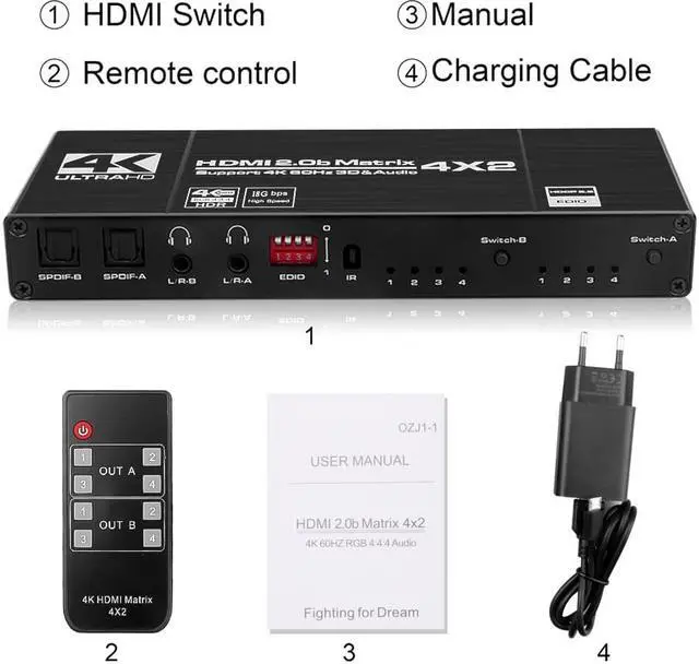 Alt view image 2 of 7 - 4K x 2K HDMI Matrix Switch Splitter 4x2 HDMI-compatible with SPDIF and L/R 3.5mm HDR Switch 4x2 Support HDCP 2.2 3D