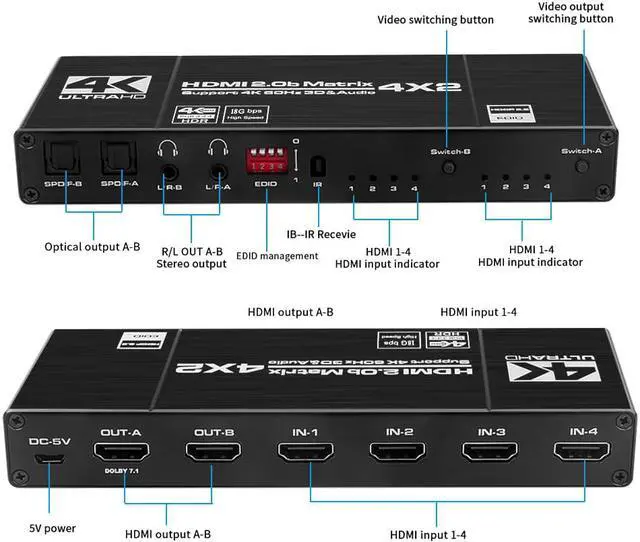 Alt view image 7 of 7 - 4K x 2K HDMI Matrix Switch Splitter 4x2 HDMI-compatible with SPDIF and L/R 3.5mm HDR Switch 4x2 Support HDCP 2.2 3D