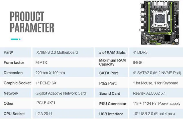 Alt view image 3 of 7 - X79M-S V2.0 Computer Motherboard Support E5 E5 2620 2689 2690 2630 With 4*DDR3 Slot with SATA USB 2.0 M.2 NVME Slot