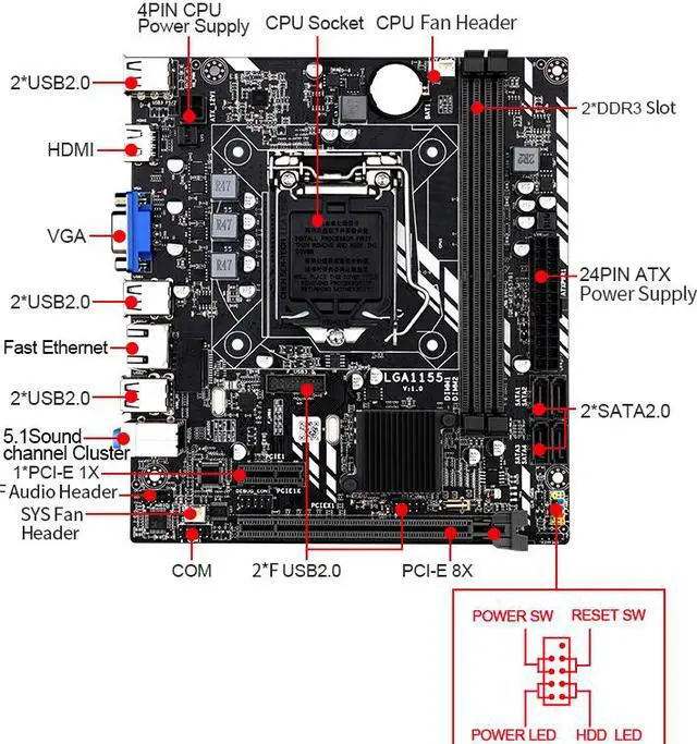 Alt view image 4 of 7 - H61M LGA1155 Motherboard for Intel Core i7/i5/i3 2* DDR3 Slot M-ATX Intel Mainboard