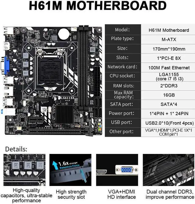 Alt view image 2 of 7 - H61M LGA1155 Motherboard for Intel Core i7/i5/i3 2* DDR3 Slot M-ATX Intel Mainboard