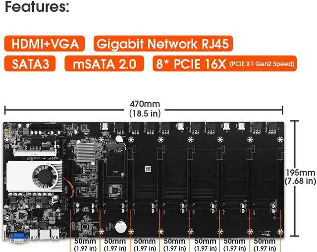 Alt view image 6 of 6 - BTC-T37 Mining Motherboard +128G mSATA SSD + 4G DDR3 1600mhz RAM 8 Graphics Card Slots Mainboard Set