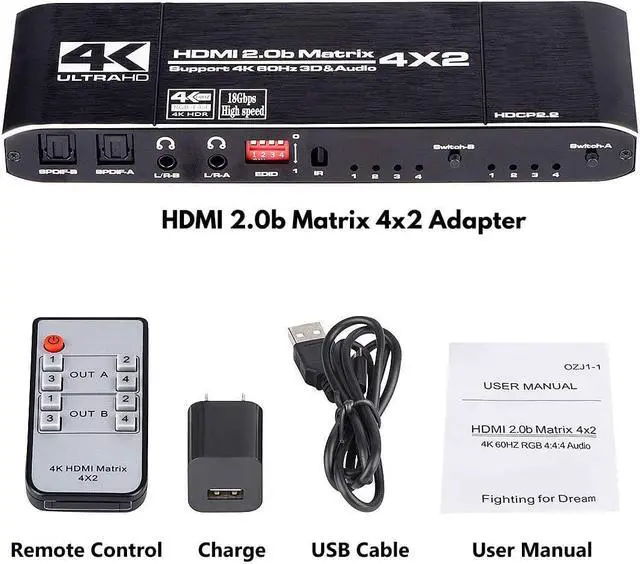 Alt view image 6 of 6 - HDMI Matrix Switch 4x2, 4K HDMI Matrix Switcher Splitter 4 in 2 Out Box with EDID Extractor and IR Remote Control Support 4K HDR, HDMI 2.0b, HDCP 2.2, 4K@60Hz, 3D, 1080P