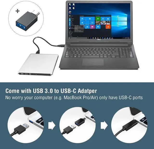 Alt view image 4 of 6 - Aluminum Alloy Case External CD DVD Drive USB 3.0 & USB-C Ultra Slim  Portable DVD CD ROM +/-RW Optical Drive Burner Reader Writer Compatible with Windows 10/8/7 Linux OS MAC