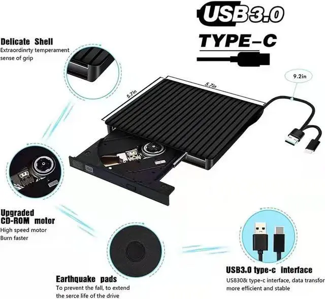 Alt view image 5 of 5 - External CD/DVD Drive for Laptop USB-C & USB 3.0 CD/DVD ROM Drive Reader Writer Burner Compatible with Laptop PC MacBookMac Windows 10/8/7 Linux OS Apple
