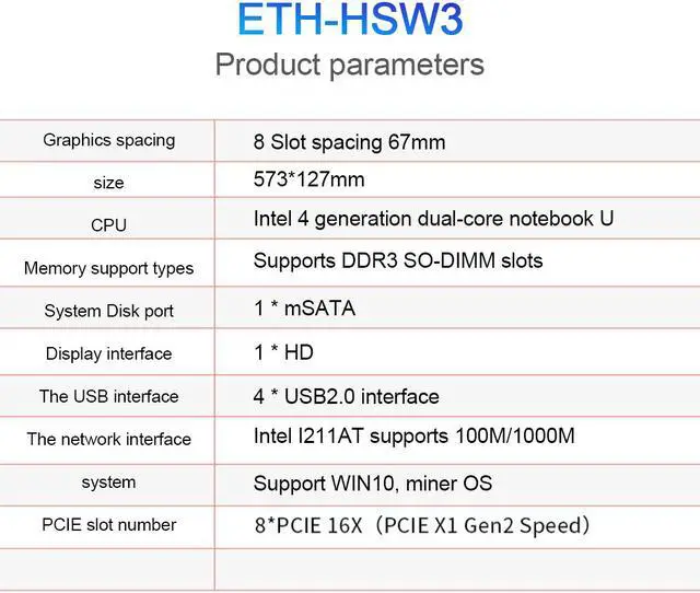 Alt view image 3 of 5 - ETH-HSW3 Mining Machine Motherboard 8 Card 67mm Spacing DDR3 Memory CPU 4*USB2.0 Interface Mainboard For Dual Core Laptop Miner