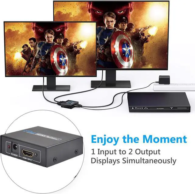 Alt view image 7 of 7 - 1x2 HDMI Splitter, 1 in 2 Out HDMI Amplifier Adapter with Power Adapter Supports Full HD1080P for PC PS3 PS4 Blu-ray Player HDTV