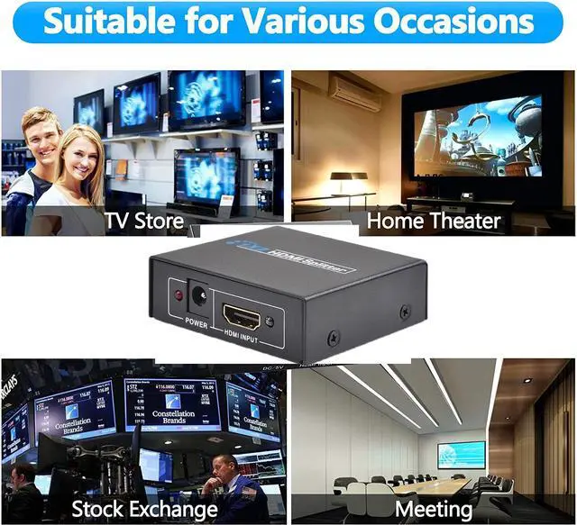 Alt view image 6 of 7 - 1x2 HDMI Splitter, 1 in 2 Out HDMI Amplifier Adapter with Power Adapter Supports Full HD1080P for PC PS3 PS4 Blu-ray Player HDTV