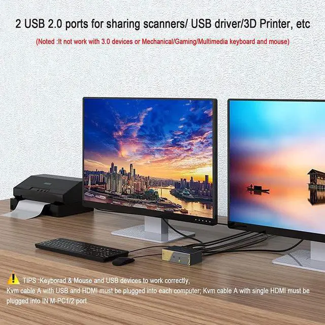 Alt view image 4 of 6 - 2 Port HDMI KVM Switch 2 x 2 Dual PC Monitor Extended Display, 4K@30Hz, with 2.0 USB Hub, PC Monitor Keyboard Mouse Switcher for 2 Computers 2 Monitors with Cables