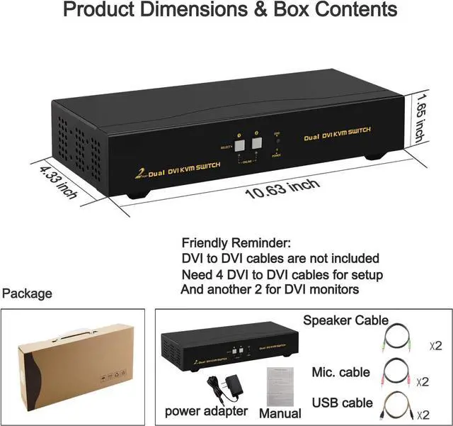 Alt view image 7 of 7 - Dual Monitor KVM Switch DVI 2 Port, Dual-View PC Monitor Keyboard Mouse Switcher with Audio and USB2.0 HUB