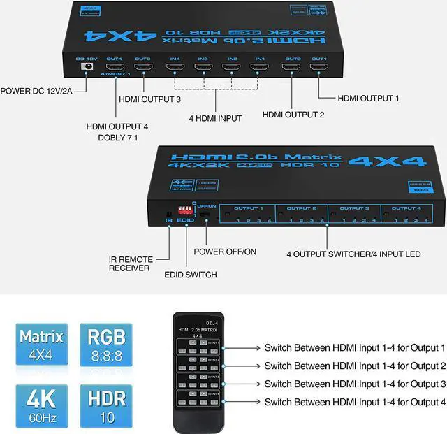 Alt view image 6 of 6 - HDMI Matrix Switch 4x4 with EDID Extractor 4K@60Hz , 4 in 4 Out HDMI Switcher Splitter Box with IR Remote Control Support HDR, HDMI 2.0b, HDCP 2.2, 3D, YUV 4:4:4