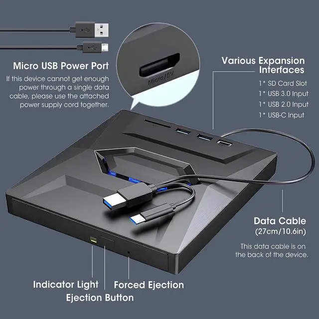 Alt view image 5 of 6 - External CD DVD +/-RW Drive with SD Card Reader and USB 3.0+2.0+Type-C Input Ports, CD/DVD Burner Player Reader Writer Optical Disk Drive for Laptop PC Windows 11/10/8/7, Linux