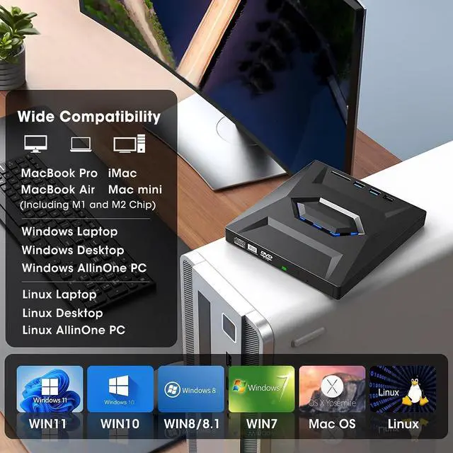 Alt view image 6 of 6 - External CD DVD +/-RW Drive with SD Card Reader and USB 3.0+2.0+Type-C Input Ports, CD/DVD Burner Player Reader Writer Optical Disk Drive for Laptop PC Windows 11/10/8/7, Linux